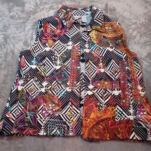 Chicos Vest Patchwork Size 2 Peasant Boho Collared Art to Wear‎ Cotton Silk Open